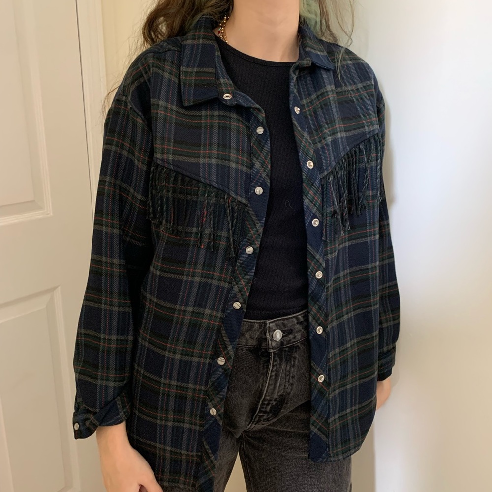 Zara Fringed Plaid Shirt Jacket